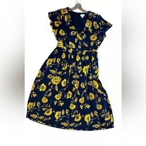 J Crew Dress  Yellow Flowers On Navy Size 6 Midi Dress (D167)